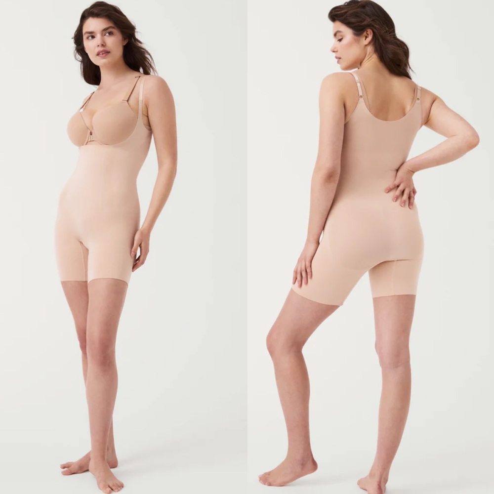 NWOT SPANX OnCore Sculpting Open-Bust Mid-Thigh Bodysuit in Soft Nude